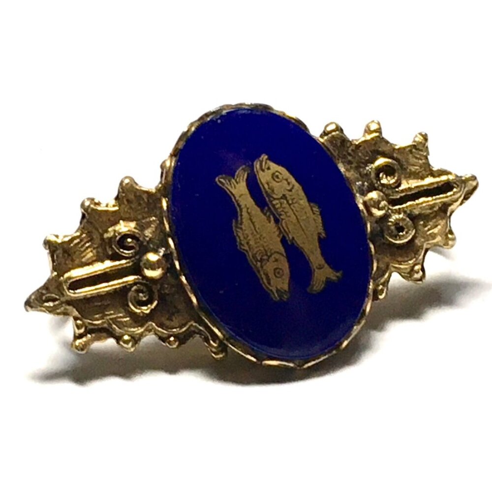 Victorian Revival Scarf Clip Clasp Fish Blue Gold Tone Ornate Scroll